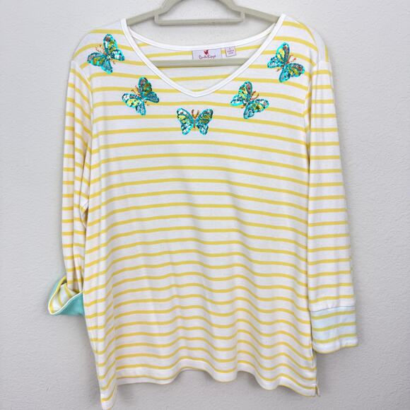 Quacker Factory Womens Long Sleeve T Shirt Size L Sequin Butterfly Cotton Stripe - Picture 1 of 8
